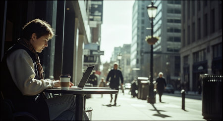 A young man using a laptop and drinking coffee in the city.の素材