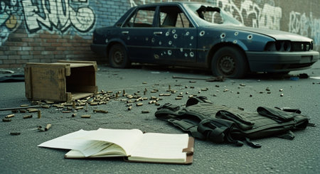 Car accident on the street with a book and a car in the backgroundの素材