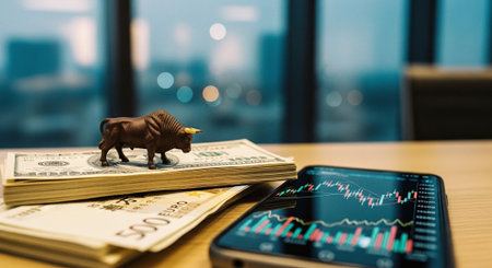 Bull and money on wooden table in the office, stock market conceptの素材