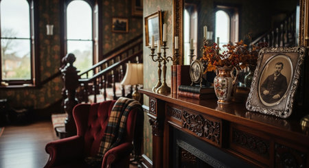 Luxury interior of a classic house with fireplace, books and chairの素材