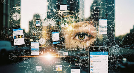 Cyber security and data protection concept. Double exposure of man face and city at background.の素材