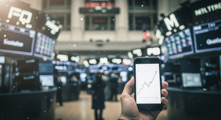 Hand holding smart phone with stock market graph on screen over blurred background.の素材