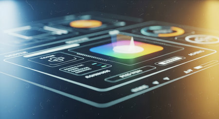 Futuristic user interface with glowing icons and buttons 3D renderingの素材