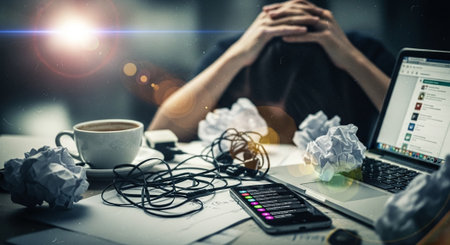 Stressed businessman sitting at office desk with crumpled papers and laptop computerの素材