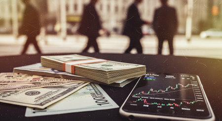 Stack of dollar bills and smartphone with stock market graph on screen.の素材