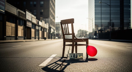 Red balloon on the chair and dollar bill on the background of the cityの素材