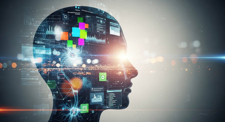 Double exposure of human head and tech interface. Artificial intelligence concept. 3D Renderingの素材