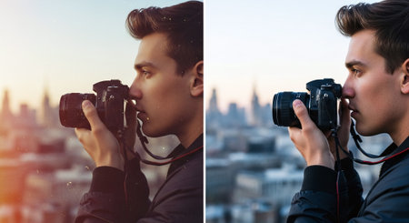 collage of young man with camera taking photos of new york cityの素材