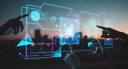 Double exposure of man and woman hands holding and using a digital device with hologramの素材