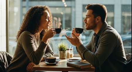 Couple in love is drinking coffee and smiling while sitting in cafeの素材