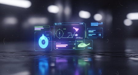 Futuristic user interface with hologram and icons 3D renderingの素材