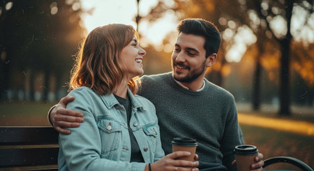 Beautiful young couple is drinking coffee and smiling while sitting on the bench in the park.の素材