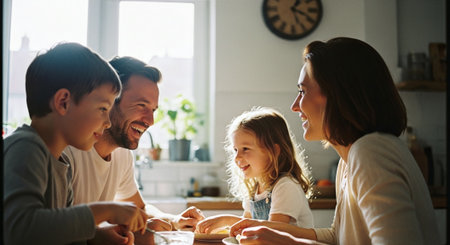 Happy family baking together in the kitchen. Mother, father and children having fun at home.の素材