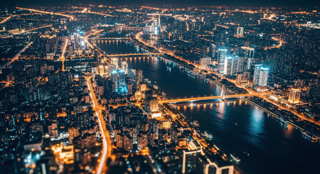 Aerial view of urban city at night in Shanghai,China.の素材
