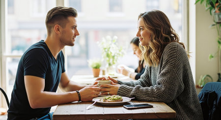 Young couple sitting in a cafe, talking and drinking coffee, looking at each otherの素材