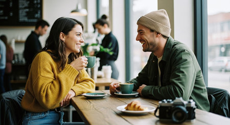 Smiling couple sitting at table in cafe, drinking coffee and talkingの素材