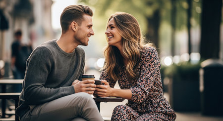 Beautiful young couple in love is drinking coffee and smiling while sitting on the streetの素材