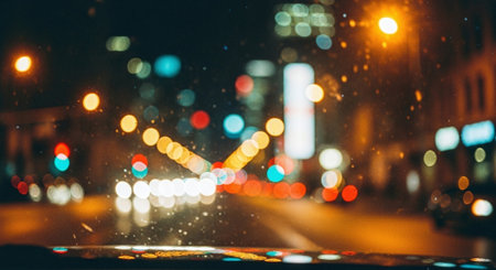 blurred image of car on road with bokeh lights backgroundの素材
