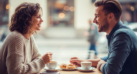 Beautiful young couple is drinking coffee and smiling while sitting in cafe outdoorsの素材