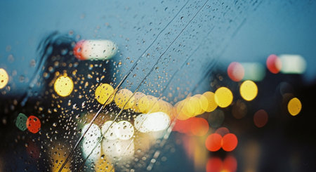 rain drops on the window with bokeh of traffic light backgroundの素材