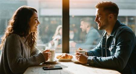 Young couple sitting in cafe, drinking coffee and looking at each otherの素材