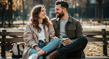 beautiful young couple sitting on bench in park and smiling each otherの素材