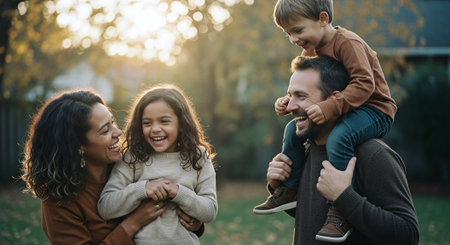 Happy family spending time together in the autumn park. Mother, father and children having fun outdoors.の素材