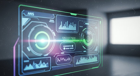 Glowing business hologram on blurry office interior background 3D renderingの素材