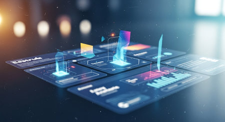 Digital business hologram icons over server room background. 3D renderingの素材