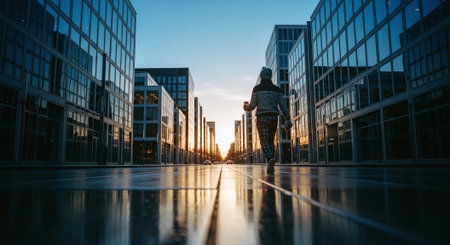 Man walking in front of modern office buildings. Back view of a young man walking in the city.の素材
