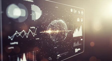 Glowing virtual business interface on blurry background. 3D Renderingの素材