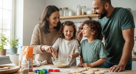 Happy family is preparing cookies in the kitchen. Mother, father and their children are making cookies.の素材
