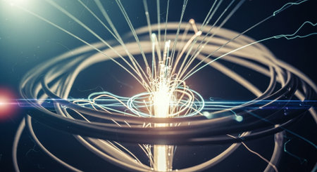 Glowing electric wire on dark background 3D rendering elements of this image furnished by NASAの素材