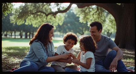 Portrait of happy family sitting together in park on a sunny dayの素材
