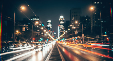 Traffic in the city at night. Blurred image of car lights.の素材