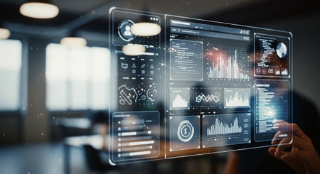 Businessman using digital business interface with graphs and charts 3D renderingの素材