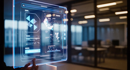 Digital composite of Hand touching screen with business interface against blurry office interiorの素材