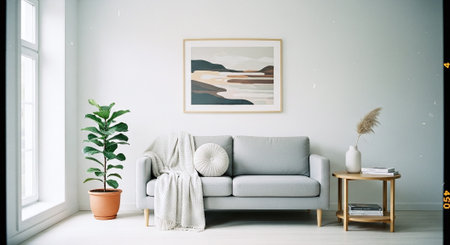 Interior design of living room with gray sofa, coffee table and plantsの素材