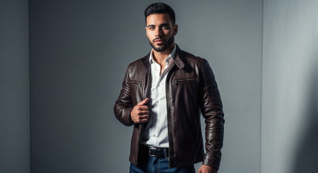 Handsome young man in leather jacket posing on grey background.の素材
