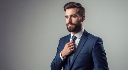 Portrait of a handsome young businessman in suit on grey background.の素材