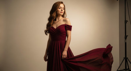 Portrait of a beautiful young woman in a long red dress.の素材