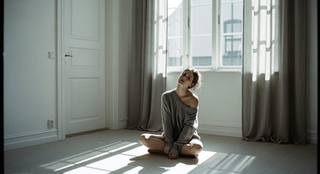 Beautiful girl with blond hair in a gray sweater sits on the floor near the windowの素材