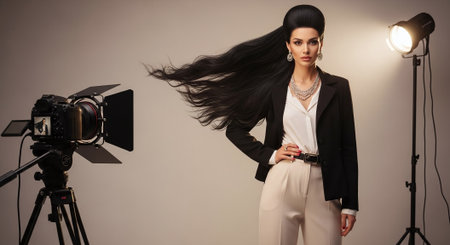 Fashionable woman with long hair posing in studio with professional cameraの素材