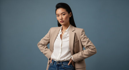 beautiful asian woman in beige suit looking at camera isolated on greyの素材