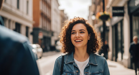 selective focus of smiling woman looking at camera while walking on streetの素材