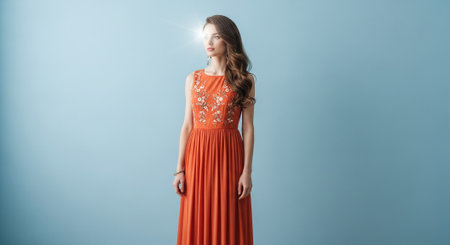 beautiful young woman in a long orange dress on a blue backgroundの素材
