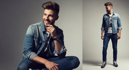 Handsome young man in jeans clothes is looking at camera and smiling while sitting on grey backgroundの素材