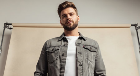handsome young man in jacket looking at camera while standing in studioの素材