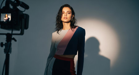 attractive african american model in colorful clothes posing in studioの素材