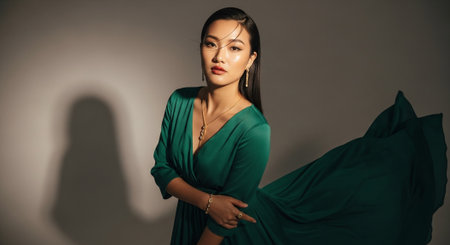 Portrait of a beautiful young asian woman in green dress.の素材